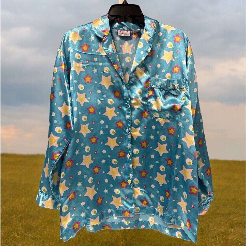 Vintage JOLIE Intimate Satin Collared Pajama Top Size M Turquoise Stars